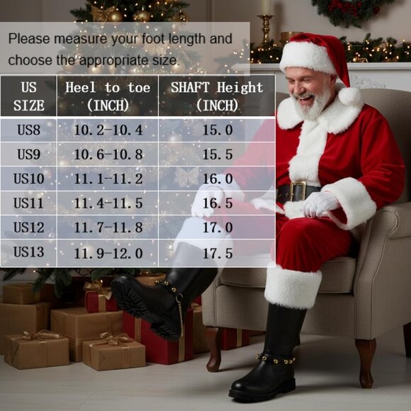 Men's Black Brass Bells Premium Faux Leather Wide Calf Santa Combat Shoes - Picture 4 of 8